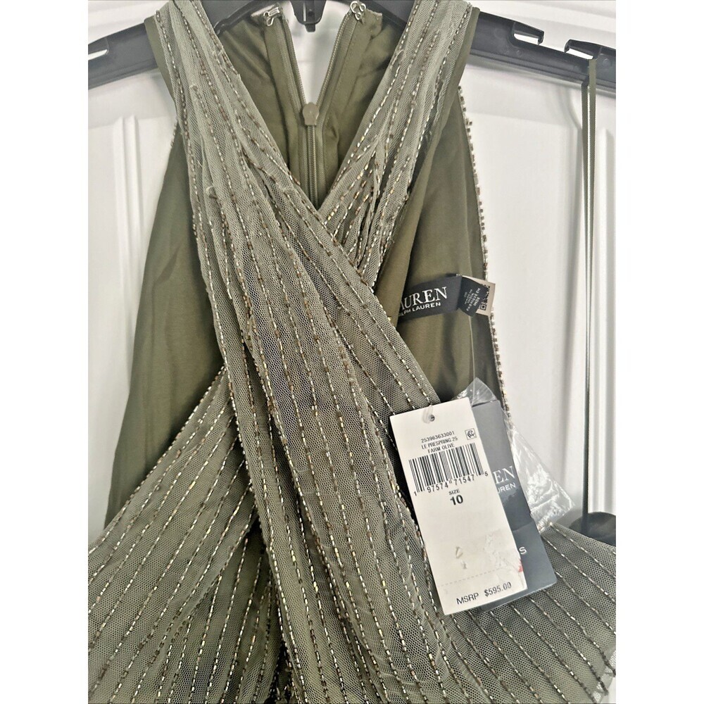 Lauren Ralph Lauren Women's Beaded Mesh Sleeveless Halter Gown Olive Green 10 - Picture 5 of 13